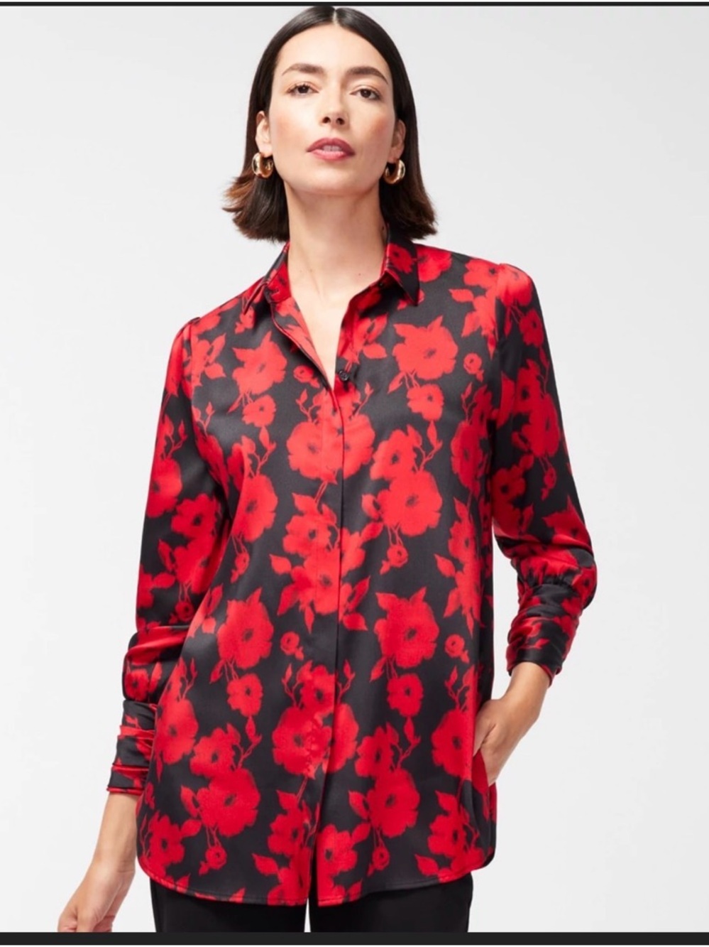 Chico's NWT Feminine Tunic Florence Mirage Top Woven Pattern Black/Red, Size 3